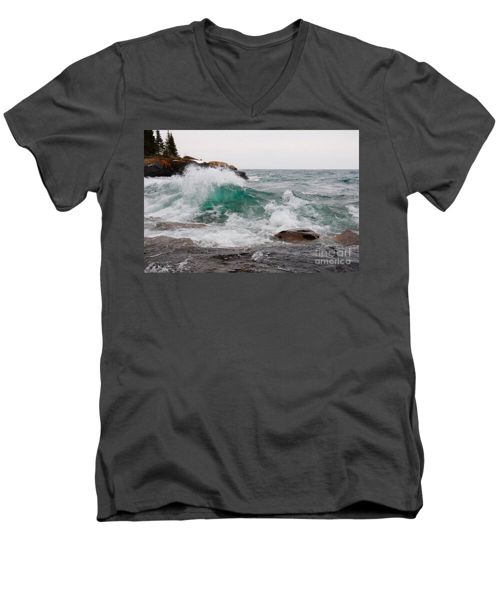 North Shore Men's V-Neck T-Shirt featuring the photograph April Waves on Superior by Sandra Updyke