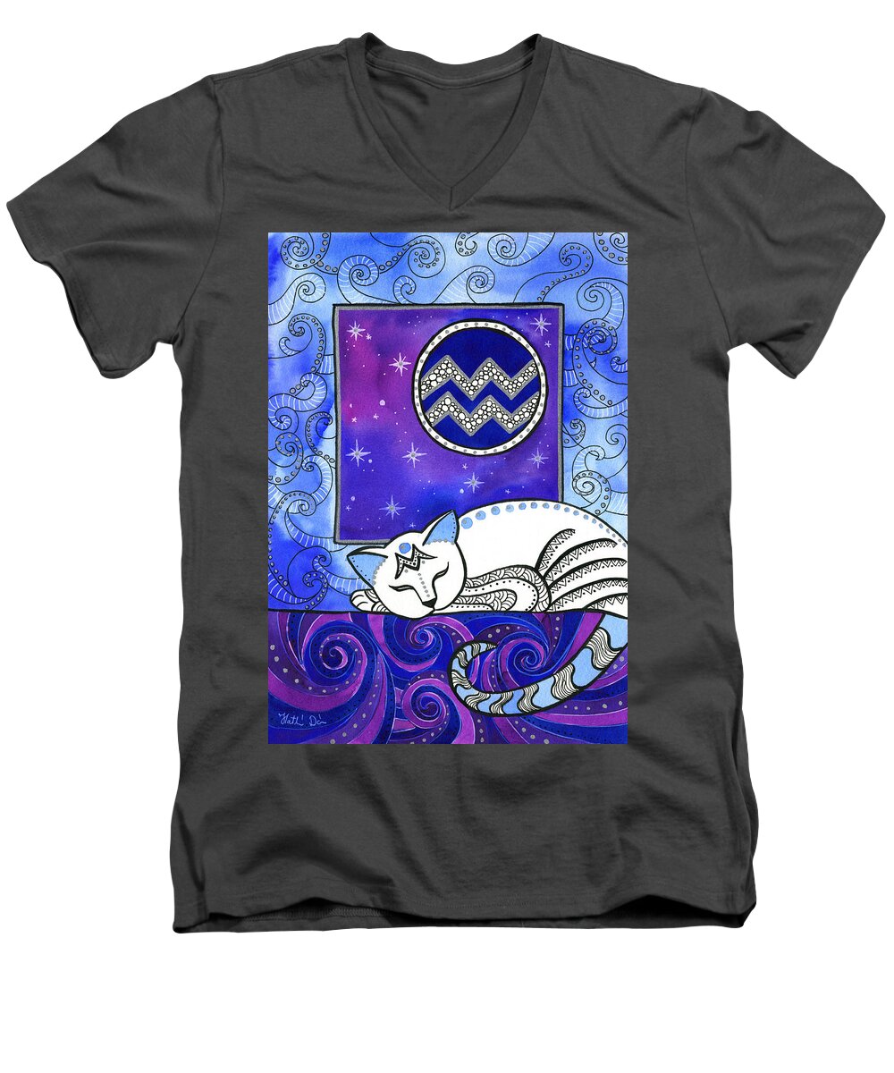 Cat Men's V-Neck T-Shirt featuring the painting Aquarius Cat Zodiac by Dora Hathazi Mendes