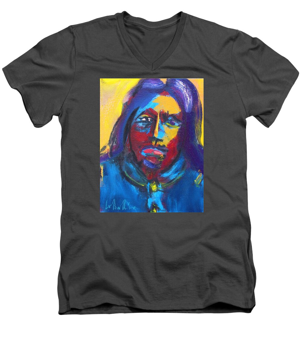 Native Americans Men's V-Neck T-Shirt featuring the painting Arapaho Scout Sharp Nose by Les Leffingwell