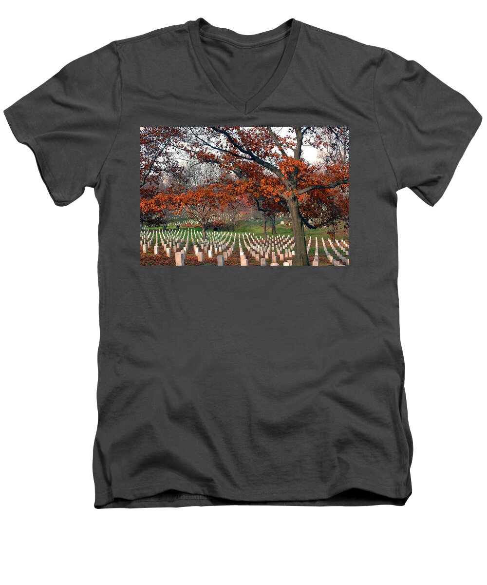 Veteran Men's V-Neck T-Shirt featuring the photograph Arlington Cemetery in Fall by Carolyn Marshall
