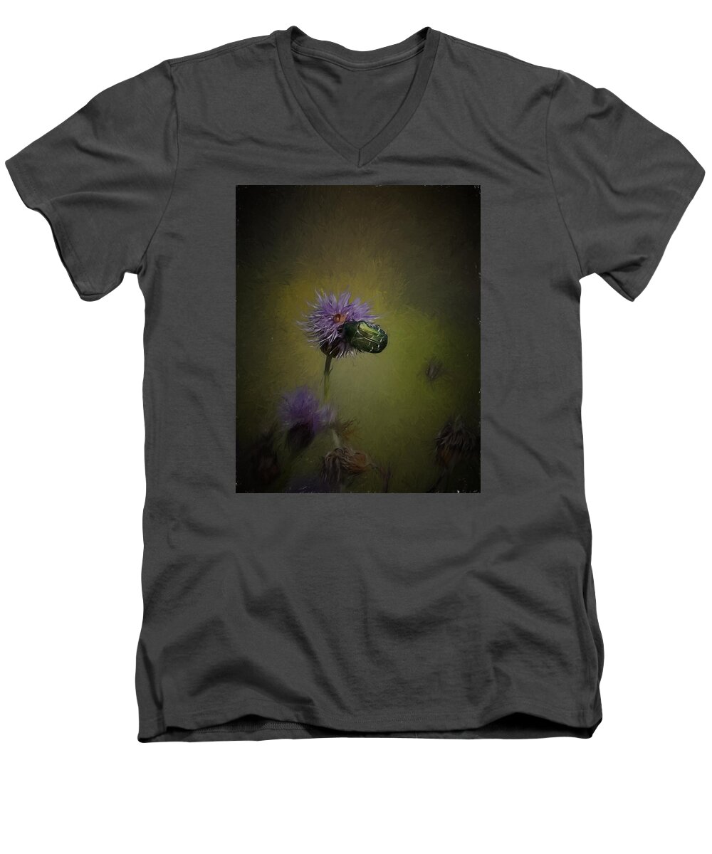Mood Men's V-Neck T-Shirt featuring the photograph Artistic Two beetles on a thistle flower by Leif Sohlman