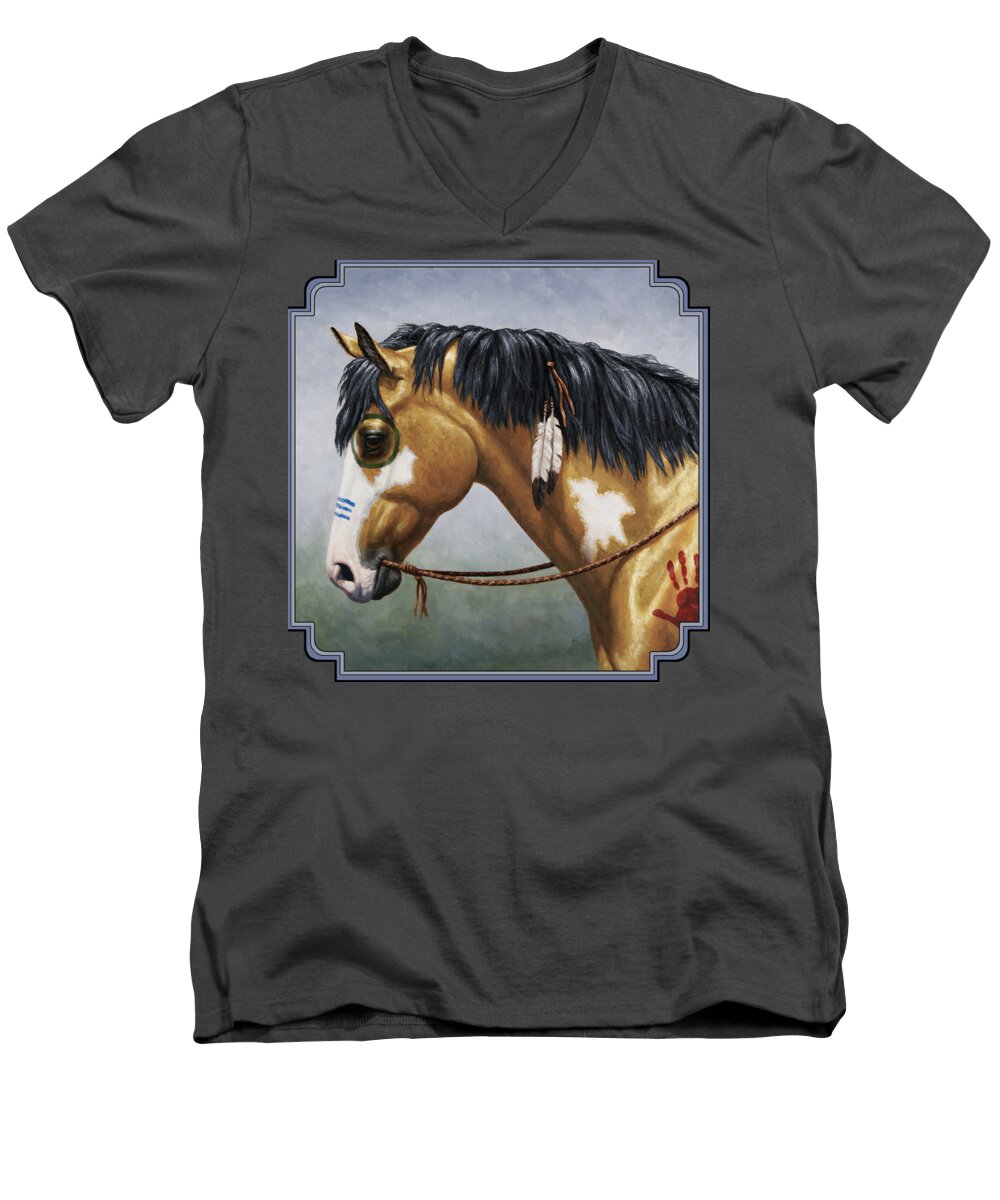 Horse Men's V-Neck T-Shirt featuring the painting Buckskin Native American War Horse by Crista Forest
