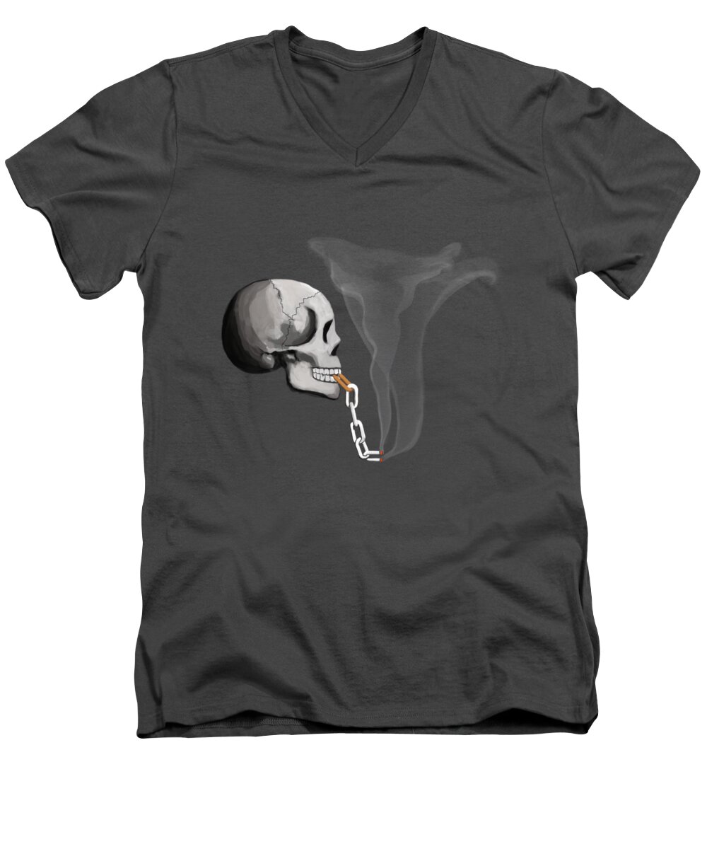 Pop Surrealism Men's V-Neck T-Shirt featuring the digital art Chain Smoker Skull by Keshava Shukla