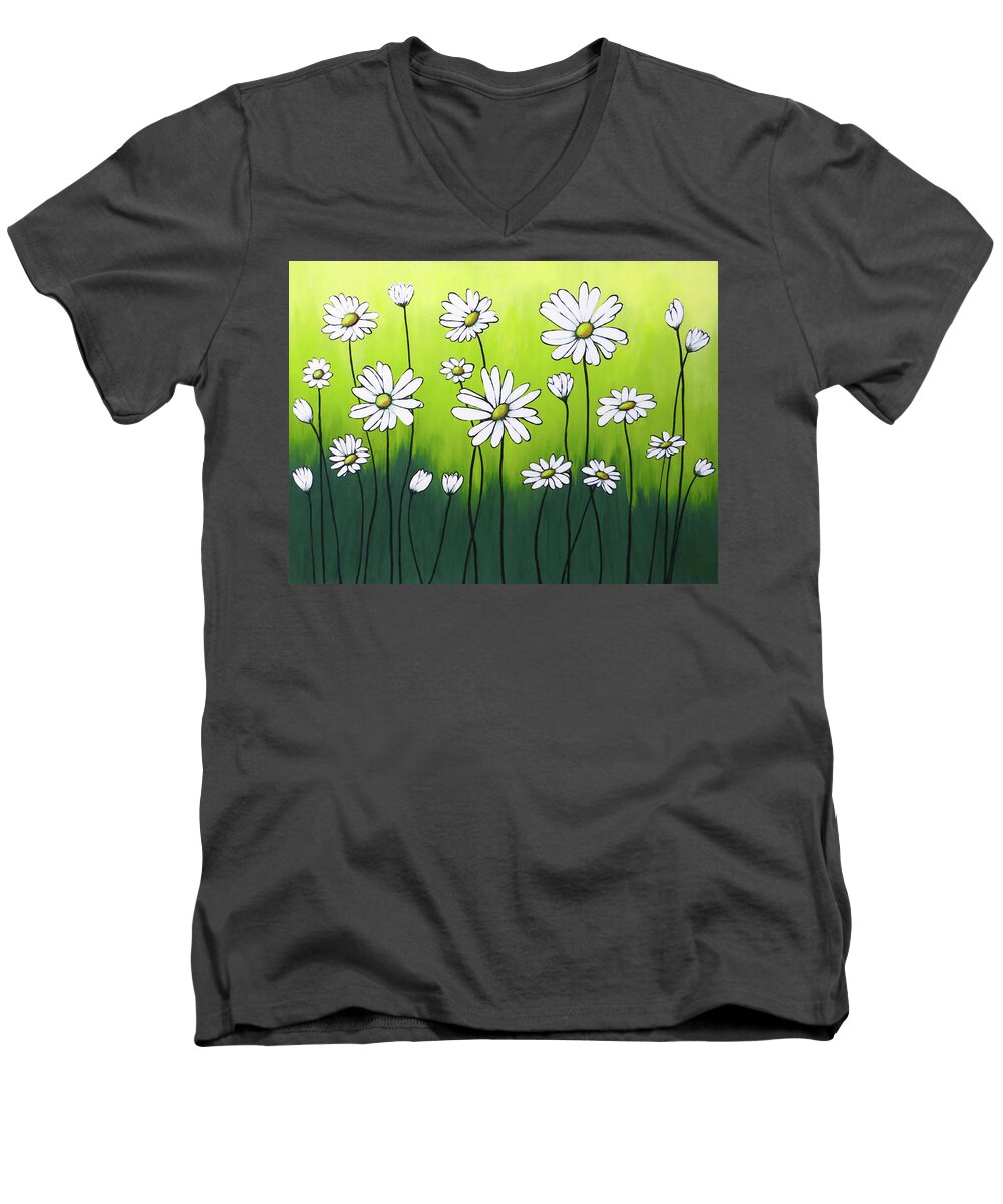 Daisy Men's V-Neck T-Shirt featuring the painting Daisy Crazy by Teresa Wing