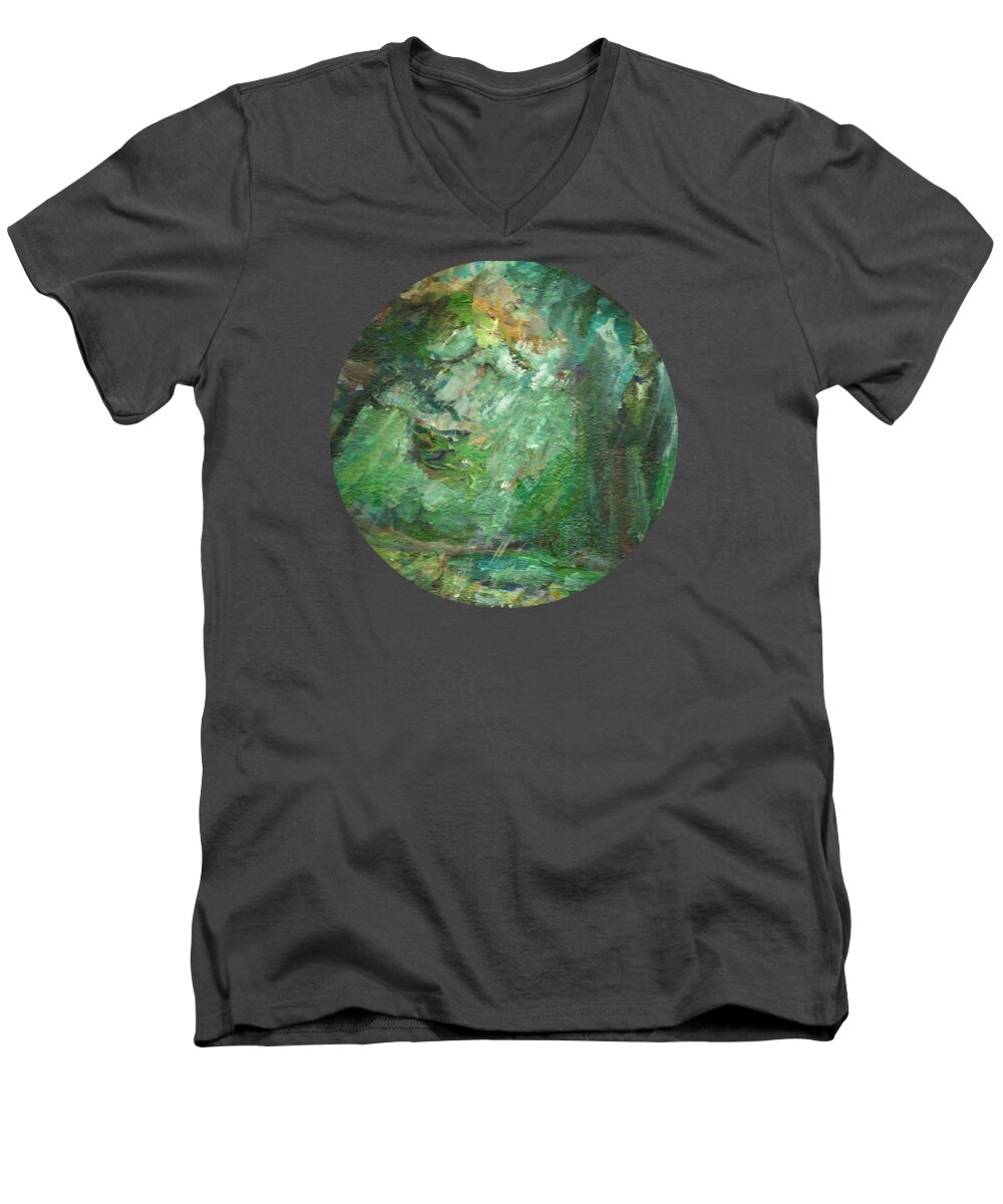 Landscape Men's V-Neck T-Shirt featuring the painting Rainy Woods by Mary Wolf