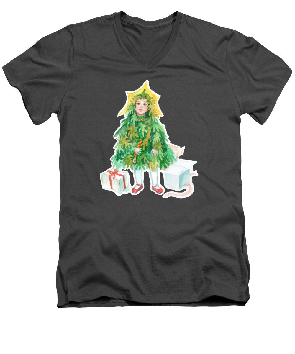 Christmas Eve Men's V-Neck T-Shirt featuring the painting Christmas Tree by Julia Khoroshikh