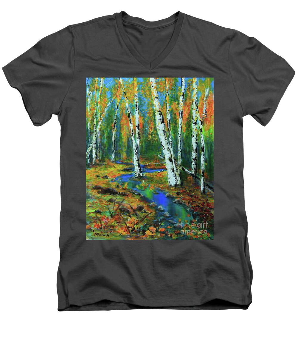 Landscape Men's V-Neck T-Shirt featuring the painting Aspens by Jeanette French