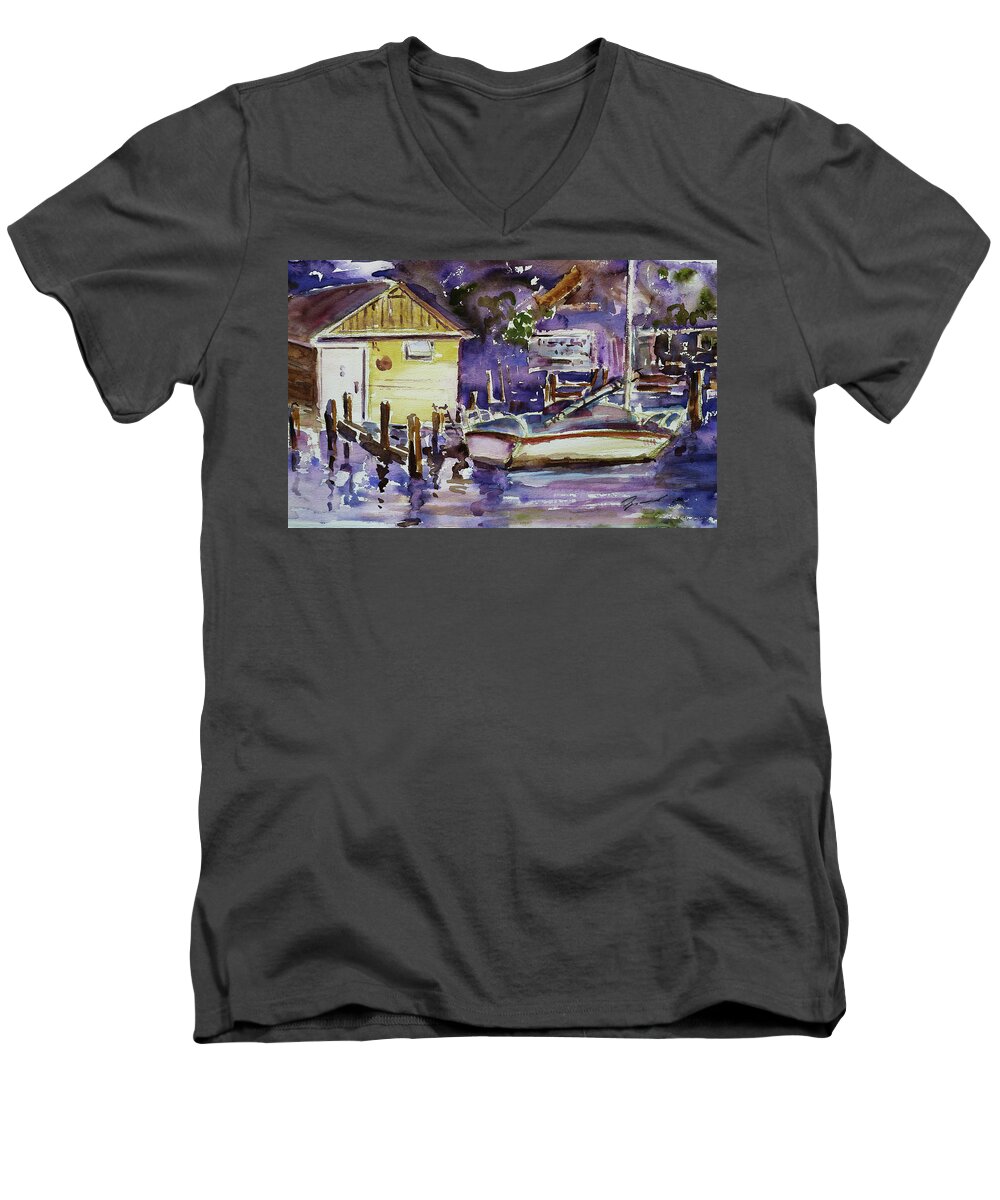 Boathouse Men's V-Neck T-Shirt featuring the painting At Boat House 3 by Xueling Zou