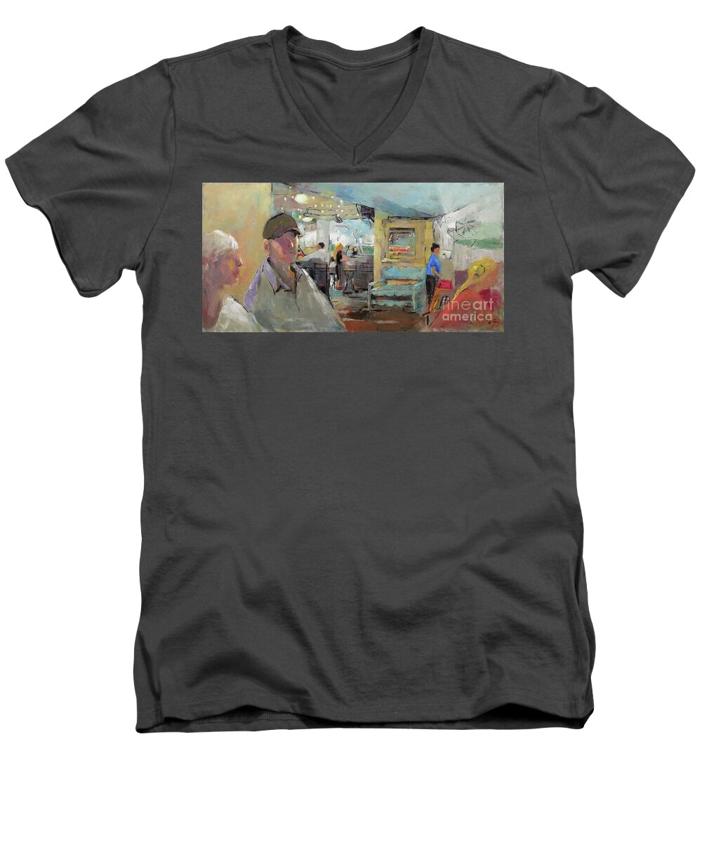 Oil Men's V-Neck T-Shirt featuring the painting At the Restaurant by Becky Kim