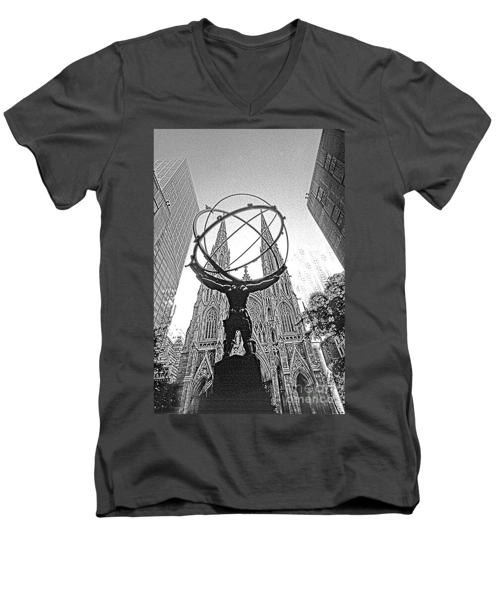 Atlas Men's V-Neck T-Shirt featuring the photograph Atlas Rockefeller Center NYC by Larry Mulvehill