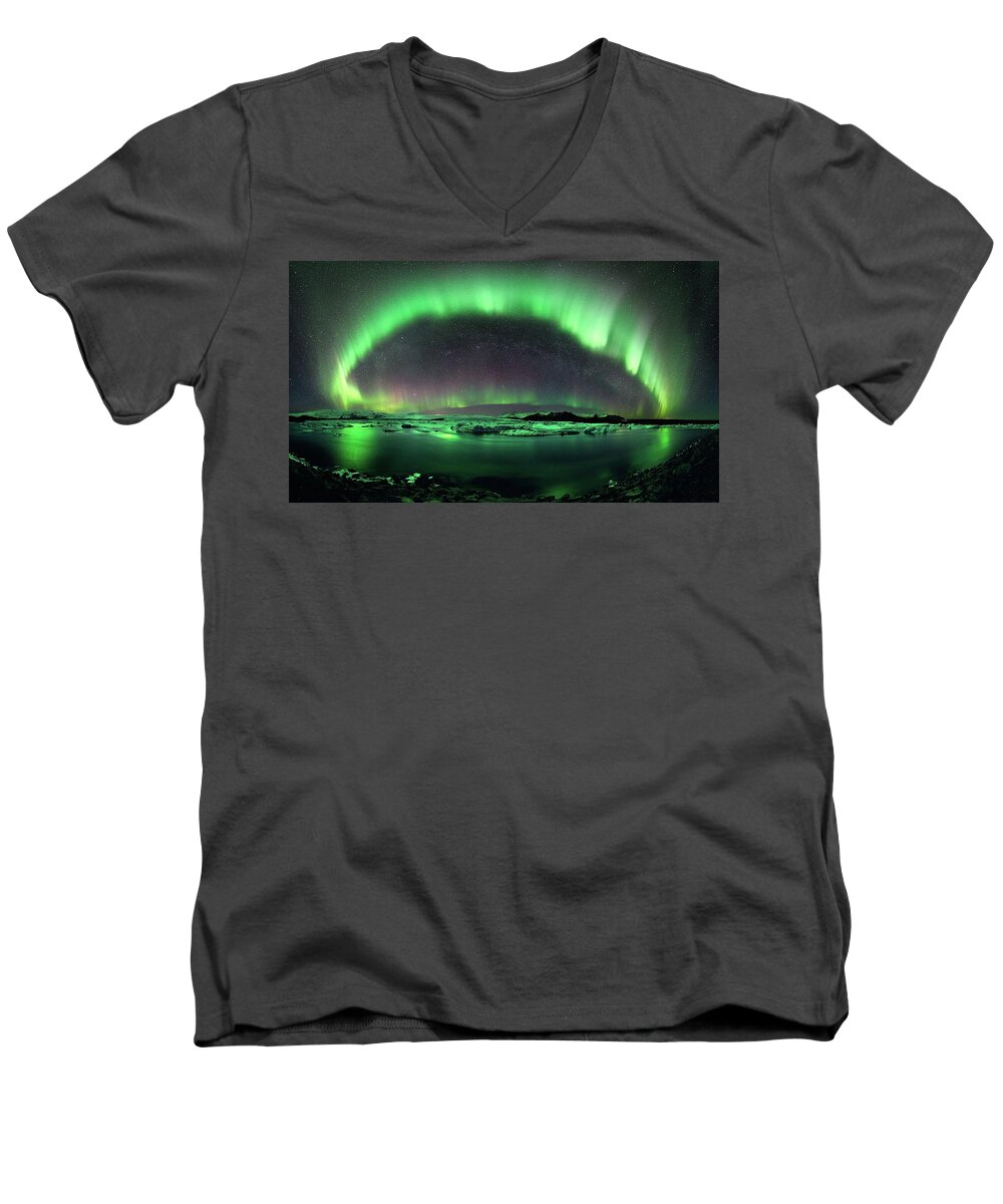 Aurora Borealis Men's V-Neck T-Shirt featuring the photograph Aurora Borealis by Jackie Russo