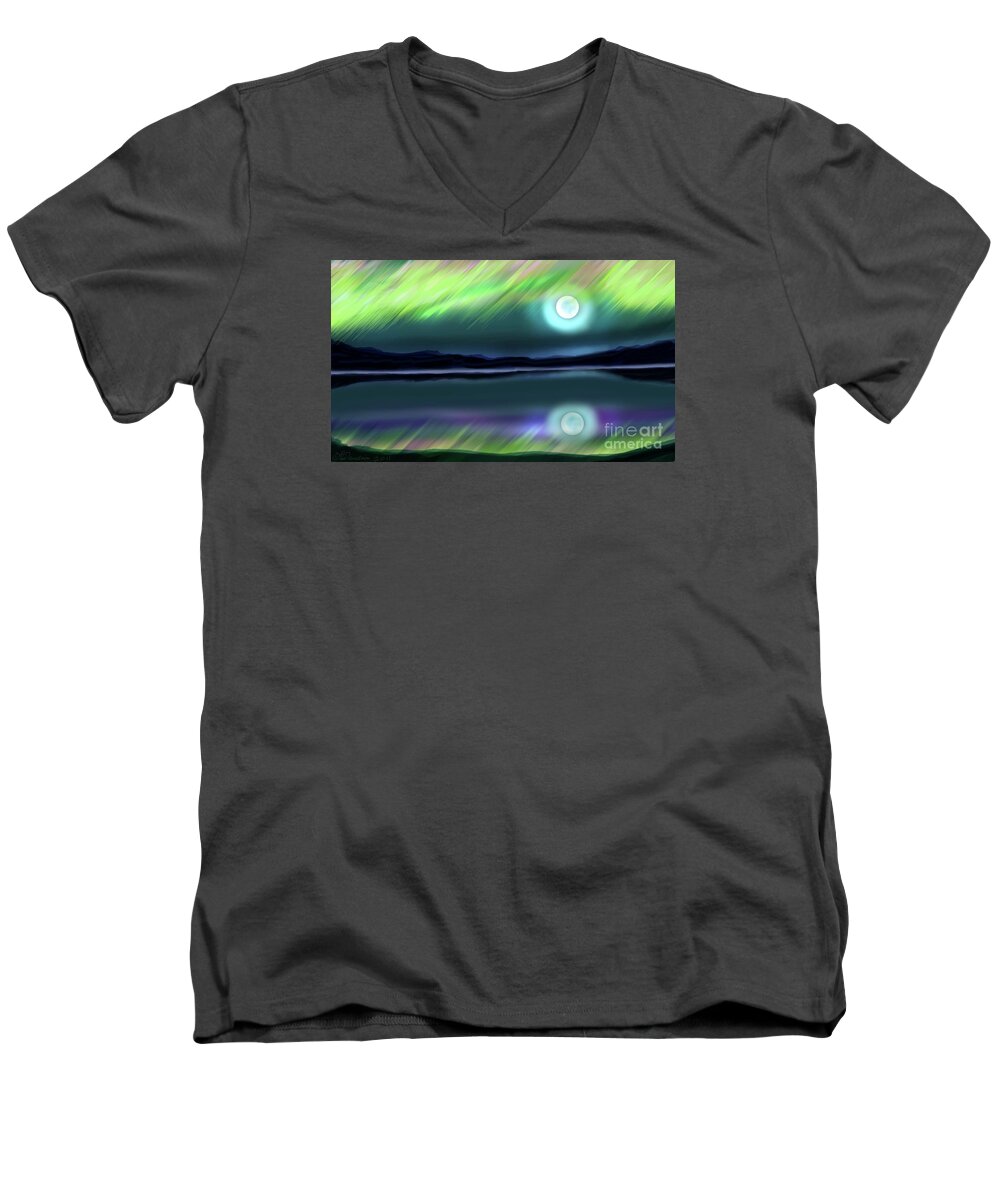Aurora Men's V-Neck T-Shirt featuring the digital art Aurora Moon Lake by Pat Davidson