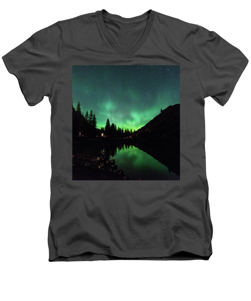 Moraine Men's V-Neck T-Shirt featuring the photograph Aurora on Moraine Lake by Alex Lapidus