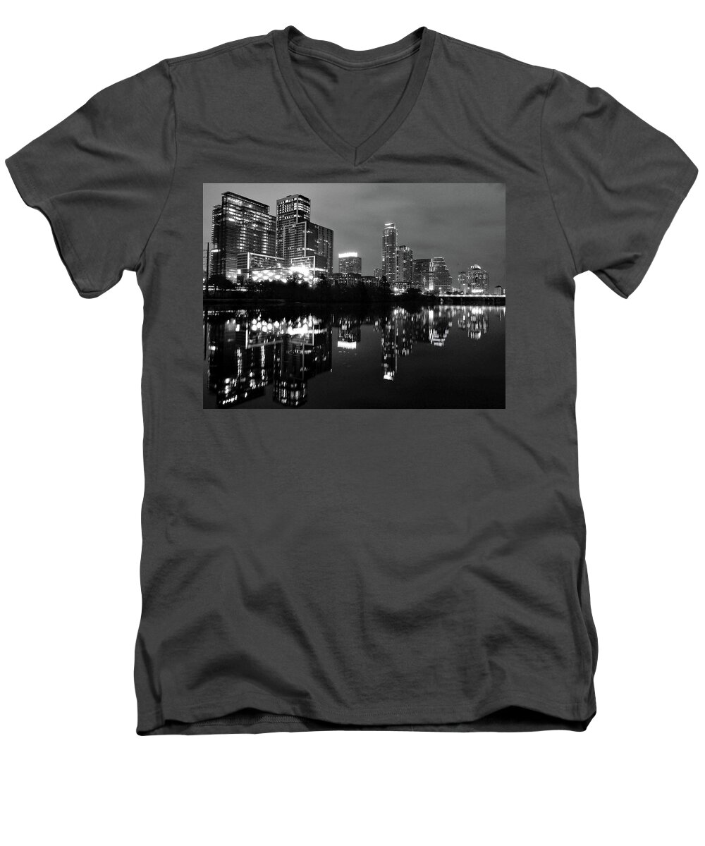 Black And White Men's V-Neck T-Shirt featuring the photograph Austin City Lights by Jerry Connally