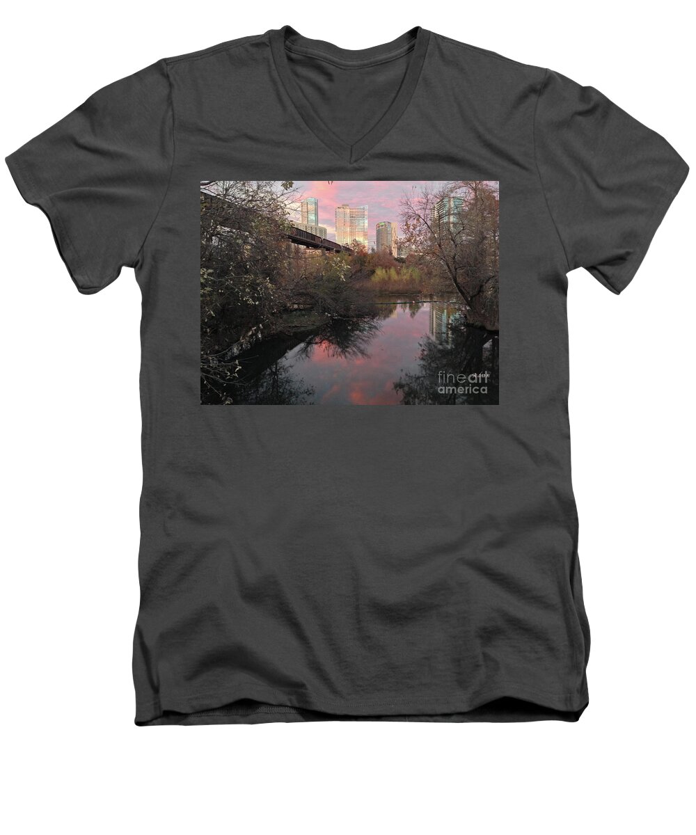 Triptych Men's V-Neck T-Shirt featuring the photograph Austin Hike and Bike Trail - Train Trestle 1 Sunset Triptych Right by Felipe Adan Lerma