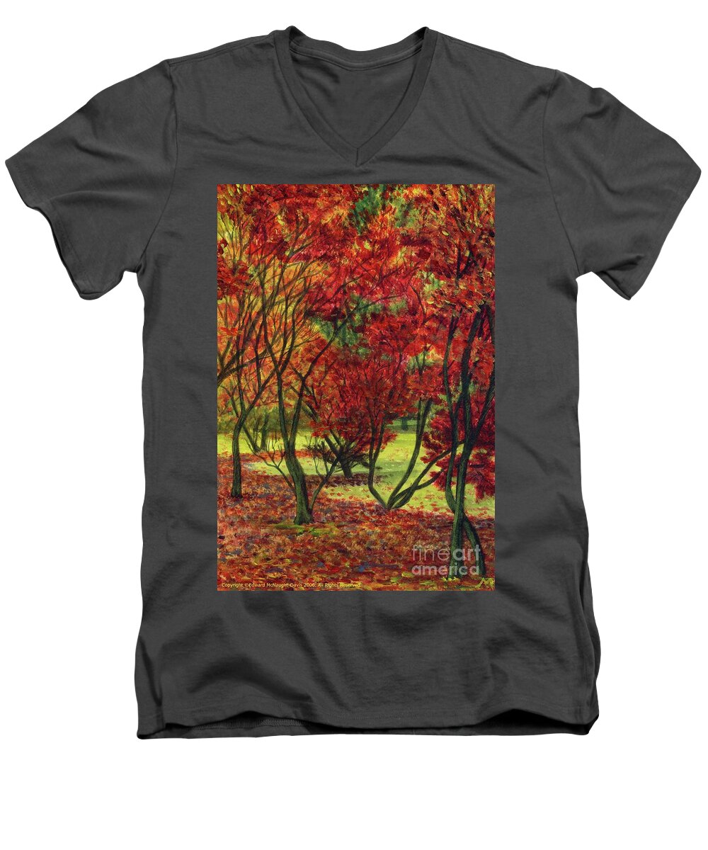 Autumn Red Woodlands Painting Men's V-Neck T-Shirt featuring the painting Autum Red Woodlands Painting by Edward McNaught-Davis
