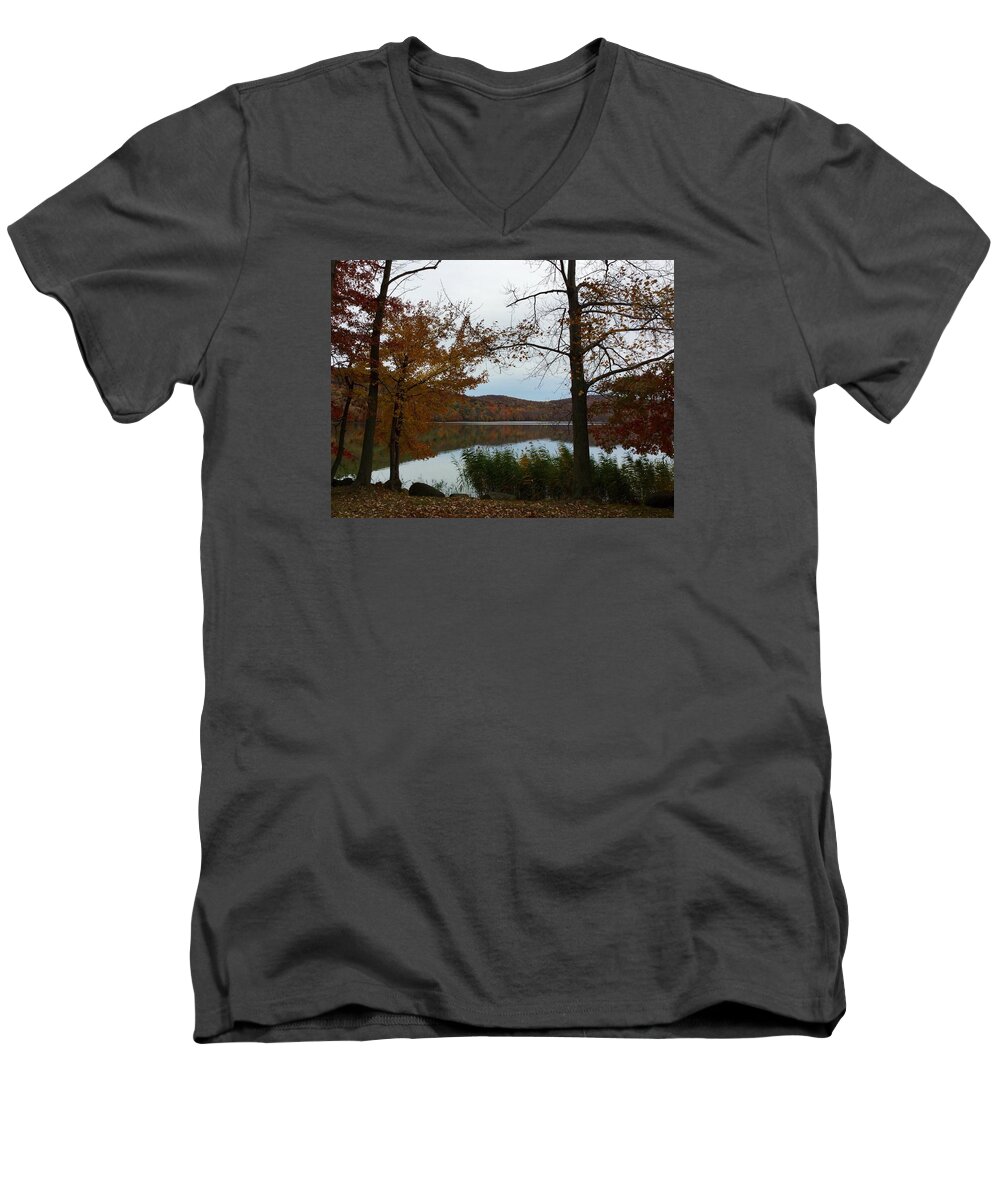 New York Men's V-Neck T-Shirt featuring the photograph Autumn at Rockland Lake NY by Richard Bryce and Family