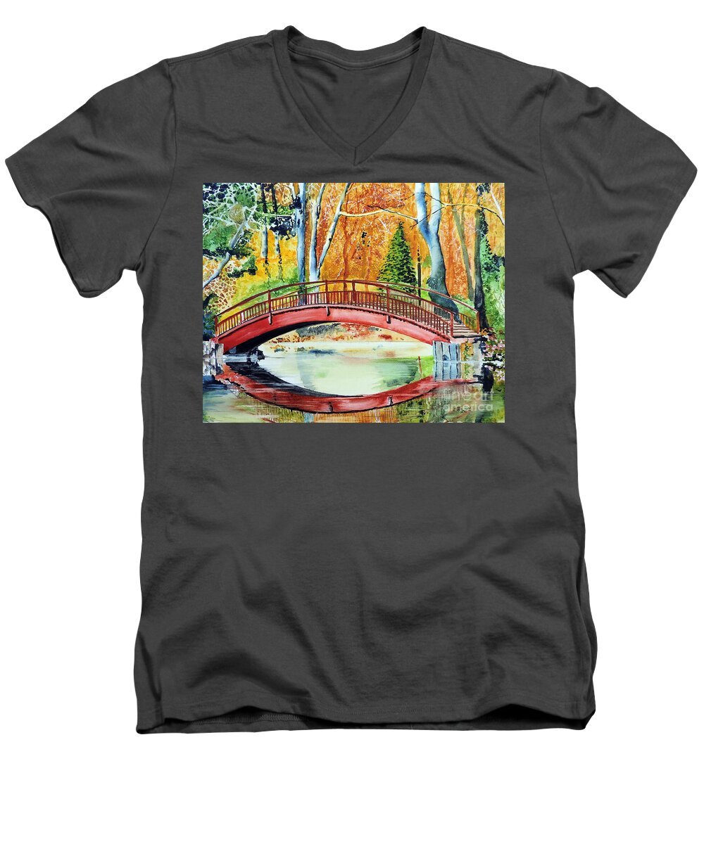 Bridge Men's V-Neck T-Shirt featuring the painting Autumn Beauty by Tom Riggs
