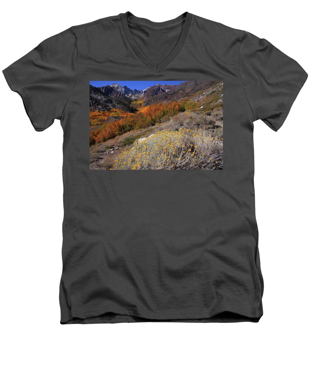 Fall Men's V-Neck T-Shirt featuring the photograph Autumn colors at McGee Creek Canyon in the Eastern Sierras by Jetson Nguyen