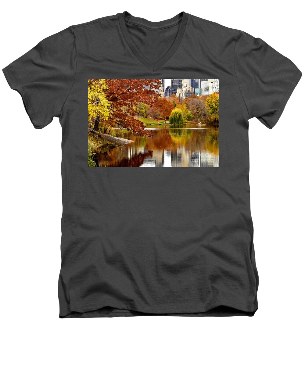 New York City Men's V-Neck T-Shirt featuring the photograph Autumn Colors in Central Park New York City by Sabine Jacobs
