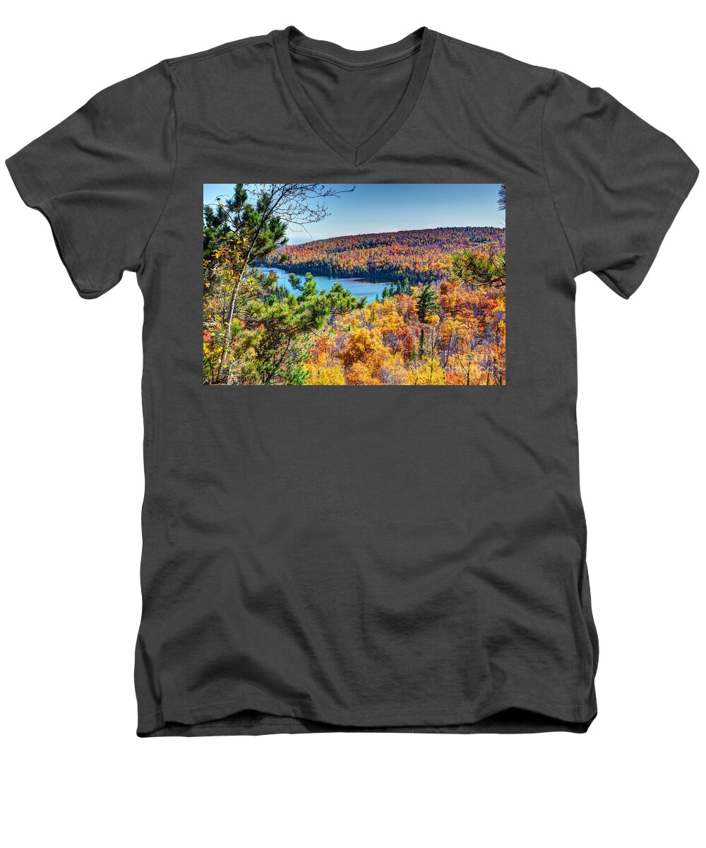 North Shore Men's V-Neck T-Shirt featuring the photograph Autumn Colors Overlooking Lax Lake Tettegouche State Park II by Wayne Moran