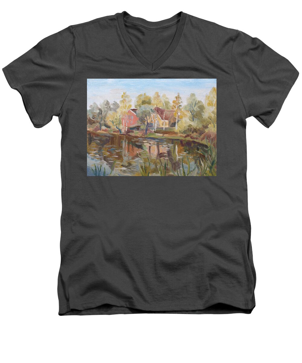 Painting Men's V-Neck T-Shirt featuring the painting Autumn Lake by Alina Malykhina
