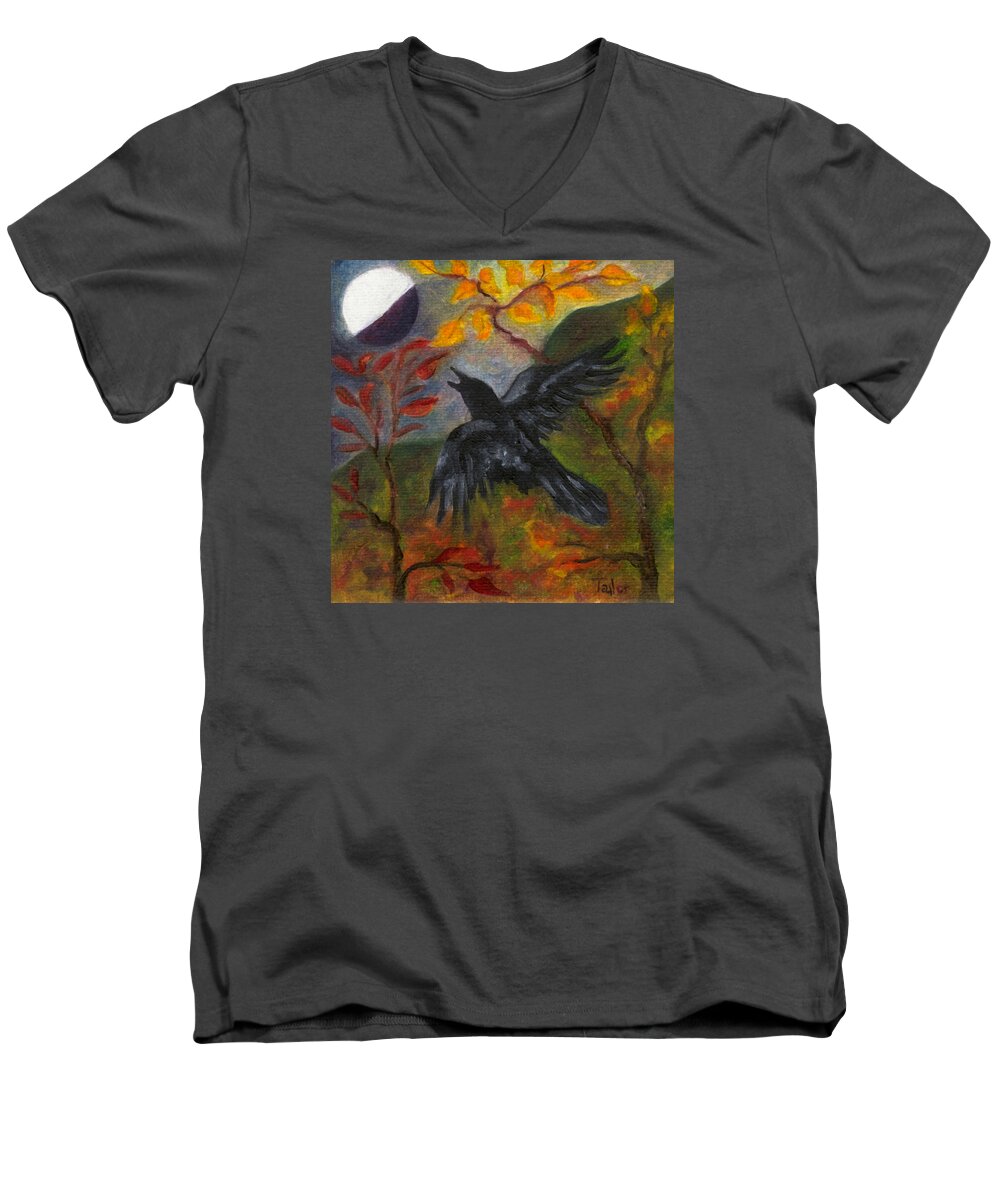 Autumn Men's V-Neck T-Shirt featuring the painting Autumn Moon Raven by FT McKinstry