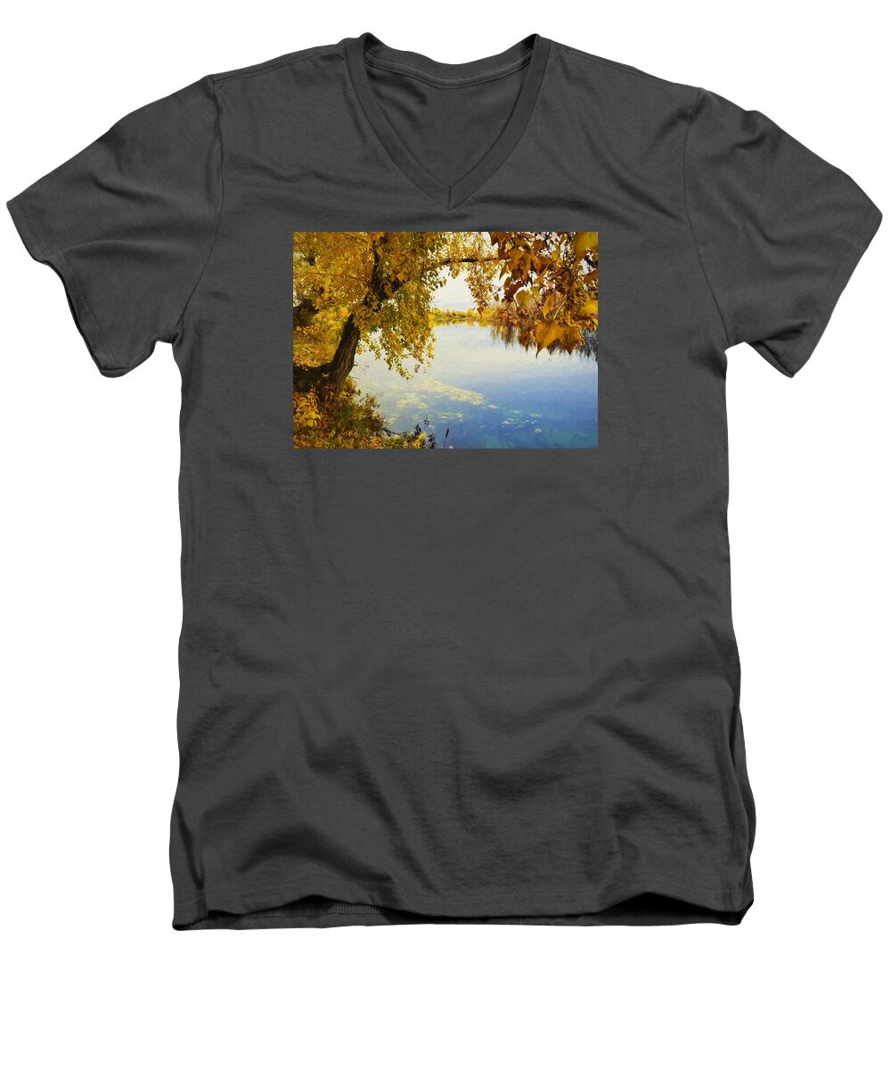 Landscape Men's V-Neck T-Shirt featuring the digital art Autumn River by Charmaine Zoe