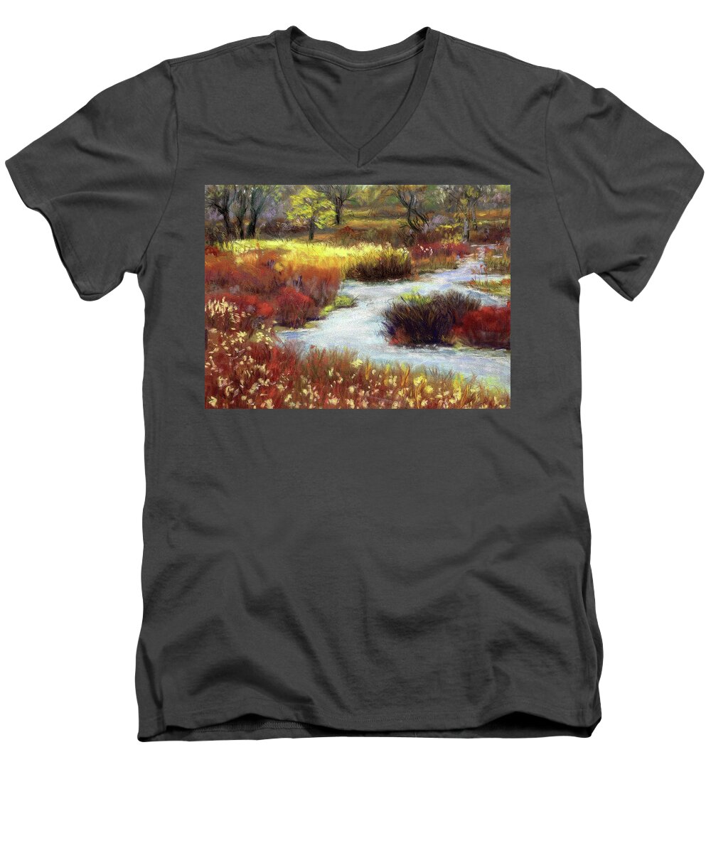 Landscape Men's V-Neck T-Shirt featuring the pastel Autumn Stream by Harriett Masterson