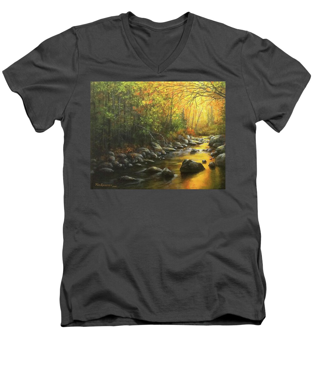 Autumn Men's V-Neck T-Shirt featuring the painting Autumn Stream by Kim Lockman