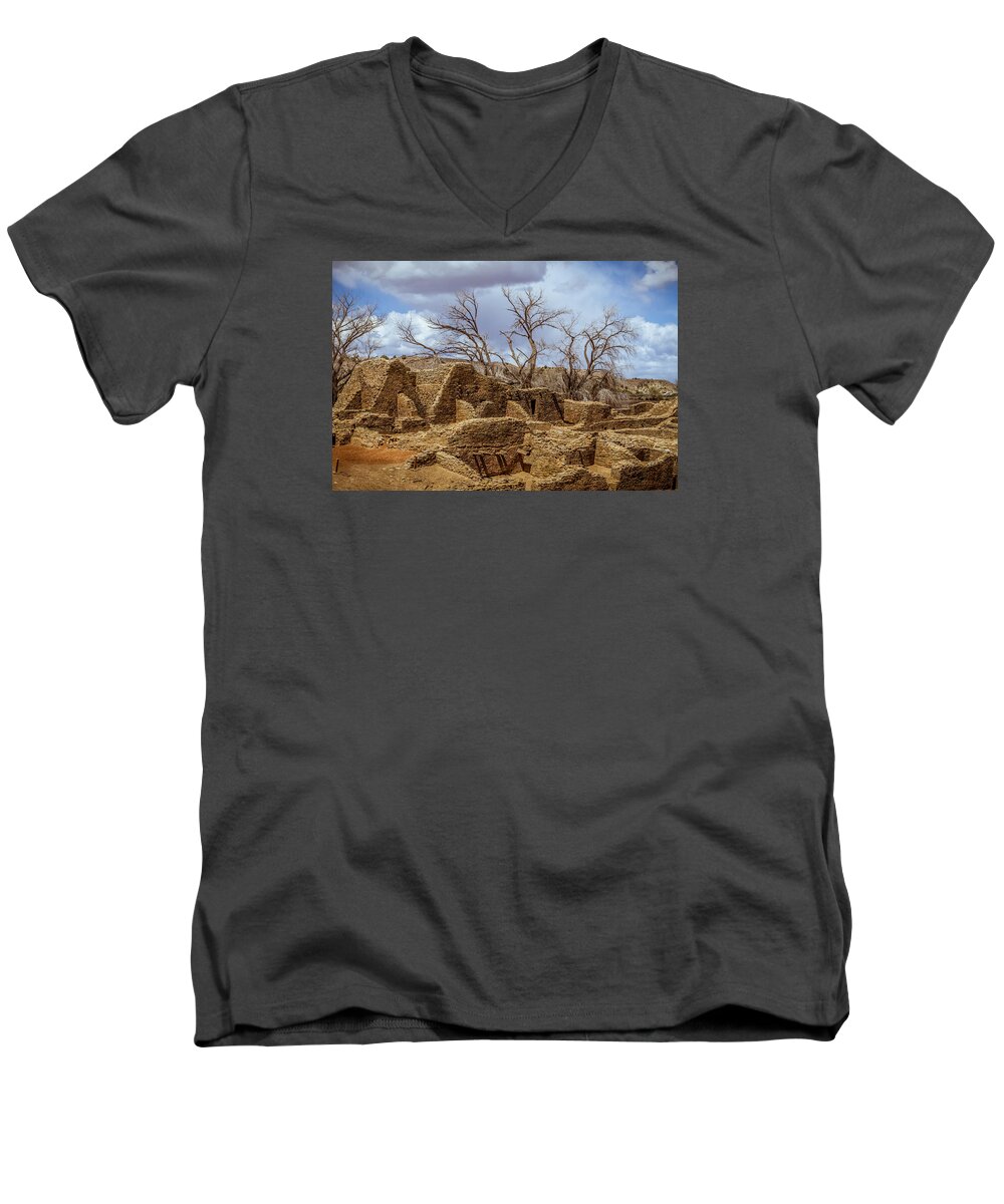 Aztec Men's V-Neck T-Shirt featuring the photograph Aztec Ruins, New Mexico by Ron Pate