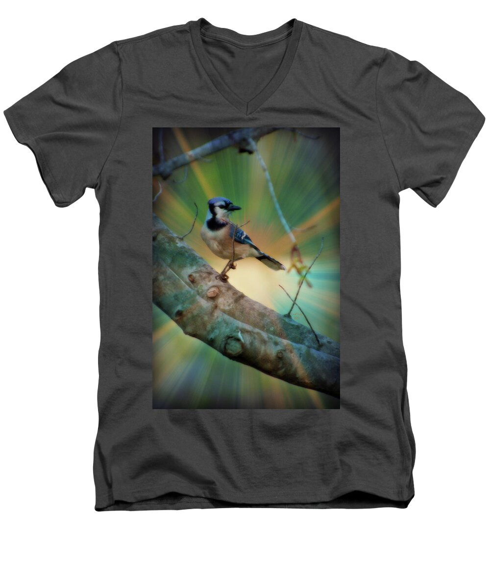 Bird Men's V-Neck T-Shirt featuring the mixed media Baby Blue by Trish Tritz