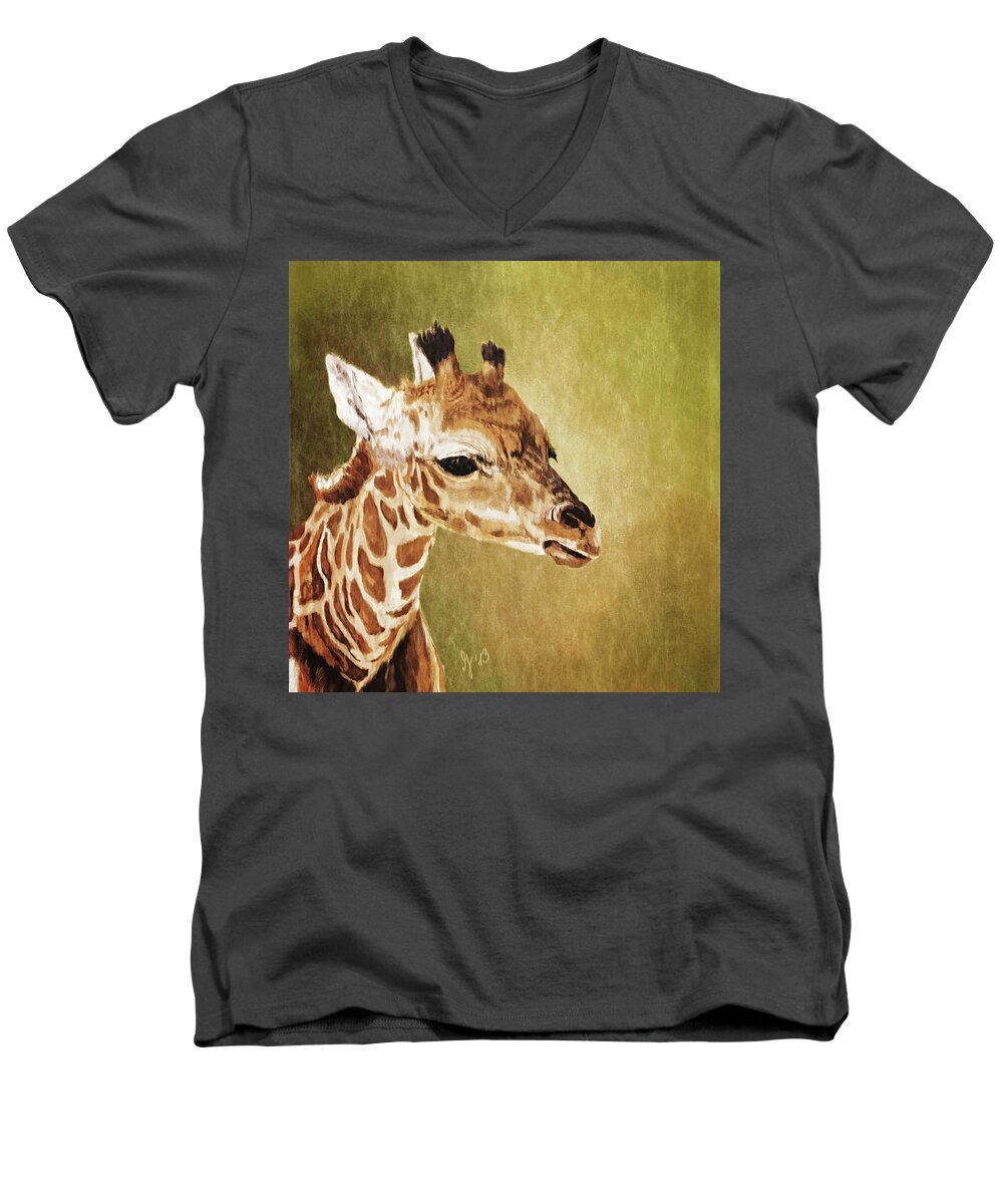 Giraffe Men's V-Neck T-Shirt featuring the painting Baby Giraffe by Mandy Tabatt