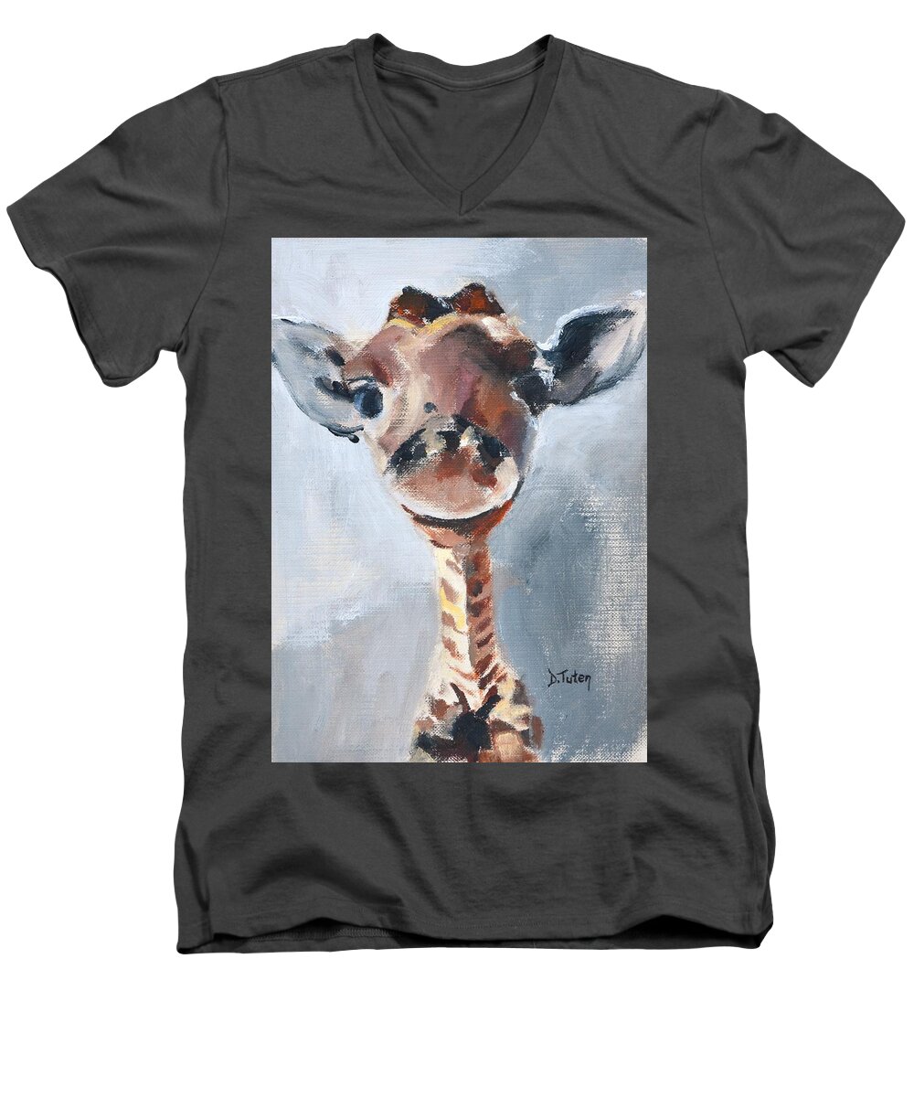 Giraffe Men's V-Neck T-Shirt featuring the painting Baby Giraffe Safari Animal Painting by Donna Tuten