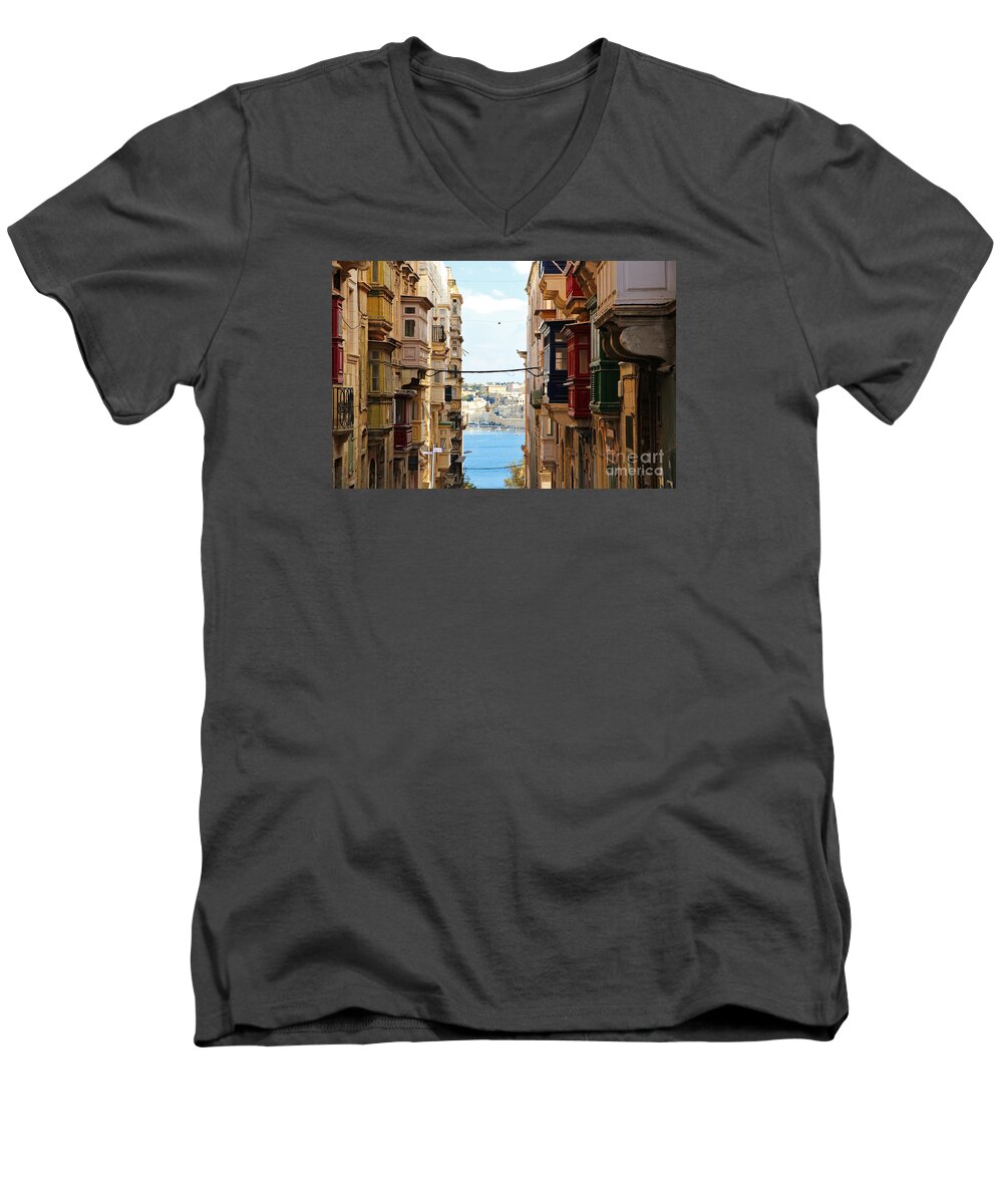 Balconies Men's V-Neck T-Shirt featuring the photograph Balconies of Valletta 2 by Jasna Buncic