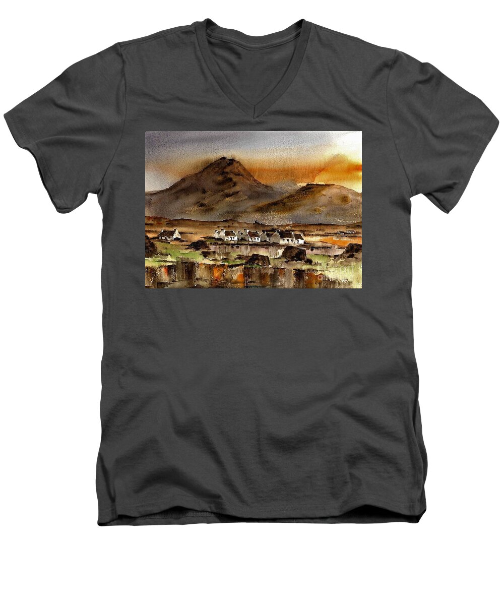 Ireland Men's V-Neck T-Shirt featuring the painting Ballinakill Bog, Connemara by Val Byrne