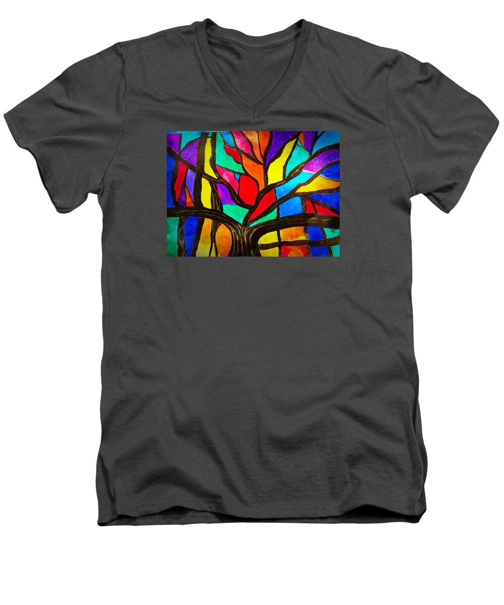 Banyan Tree Men's V-Neck T-Shirt featuring the painting Banyan tree abstract by Anne Sands