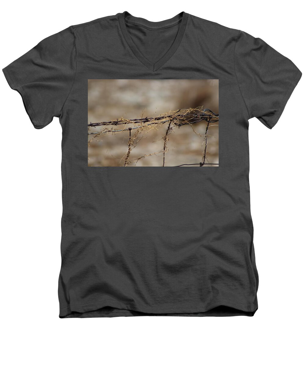 Golden Men's V-Neck T-Shirt featuring the photograph Barbed Wire Entwined with Dried Vine in Autumn by Colleen Cornelius