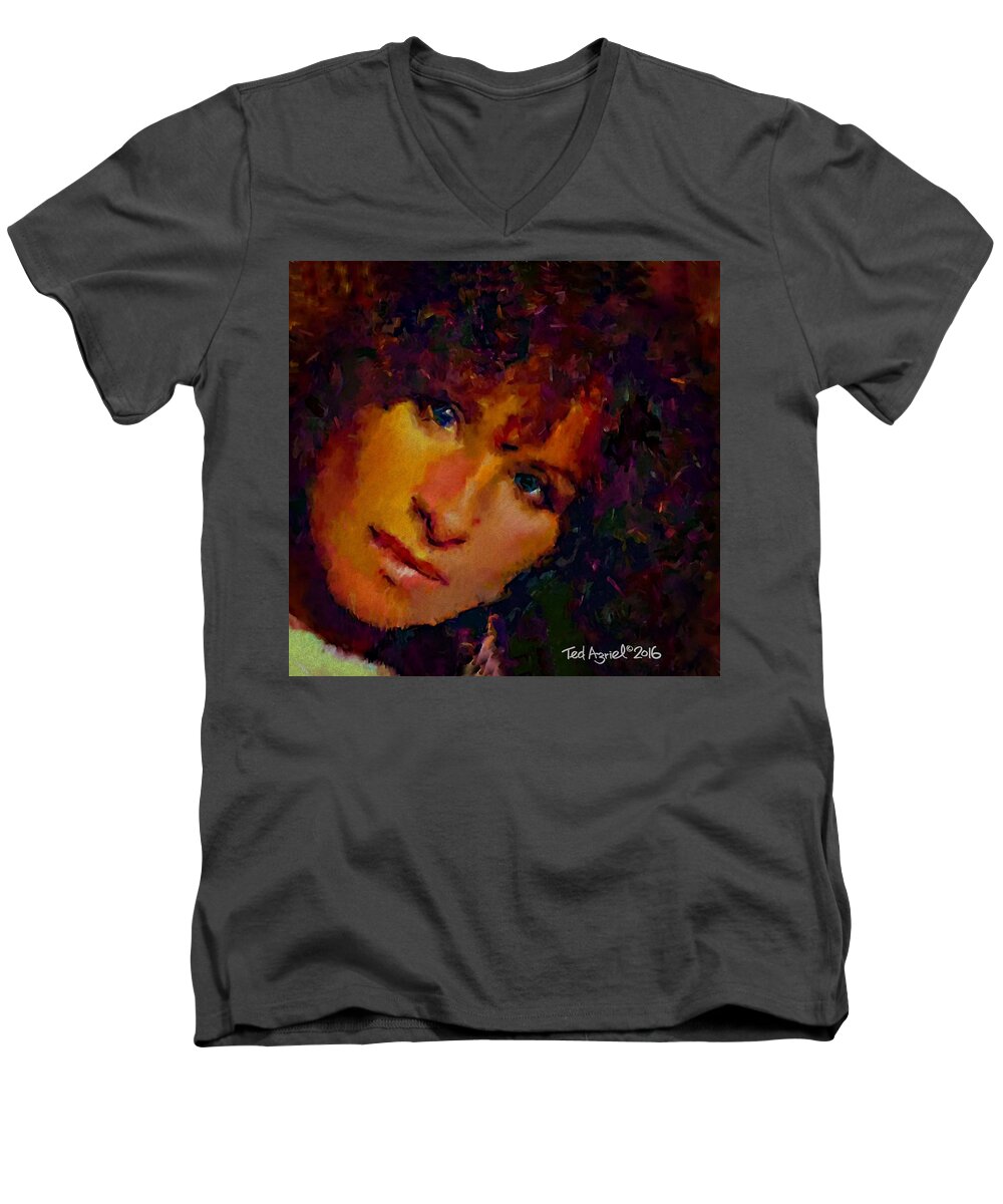 Painting Men's V-Neck T-Shirt featuring the painting Barbra Streisand by Ted Azriel