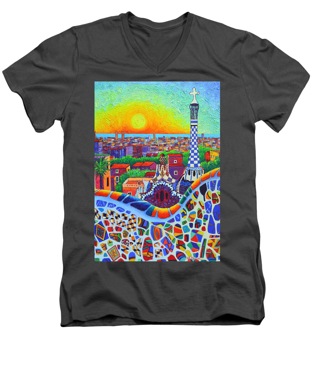 Barcelona Men's V-Neck T-Shirt featuring the painting Barcelona Park Guell Sunrise Gaudi Tower Textural Impasto Knife Oil Painting By Ana Maria Edulescu by Ana Maria Edulescu