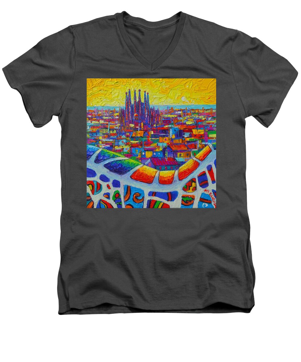 Barcelona Men's V-Neck T-Shirt featuring the painting BARCELONA VIEW SAGRADA FROM PARK GUELL impressionist abstract city knife painting Ana Maria Edulescu by Ana Maria Edulescu