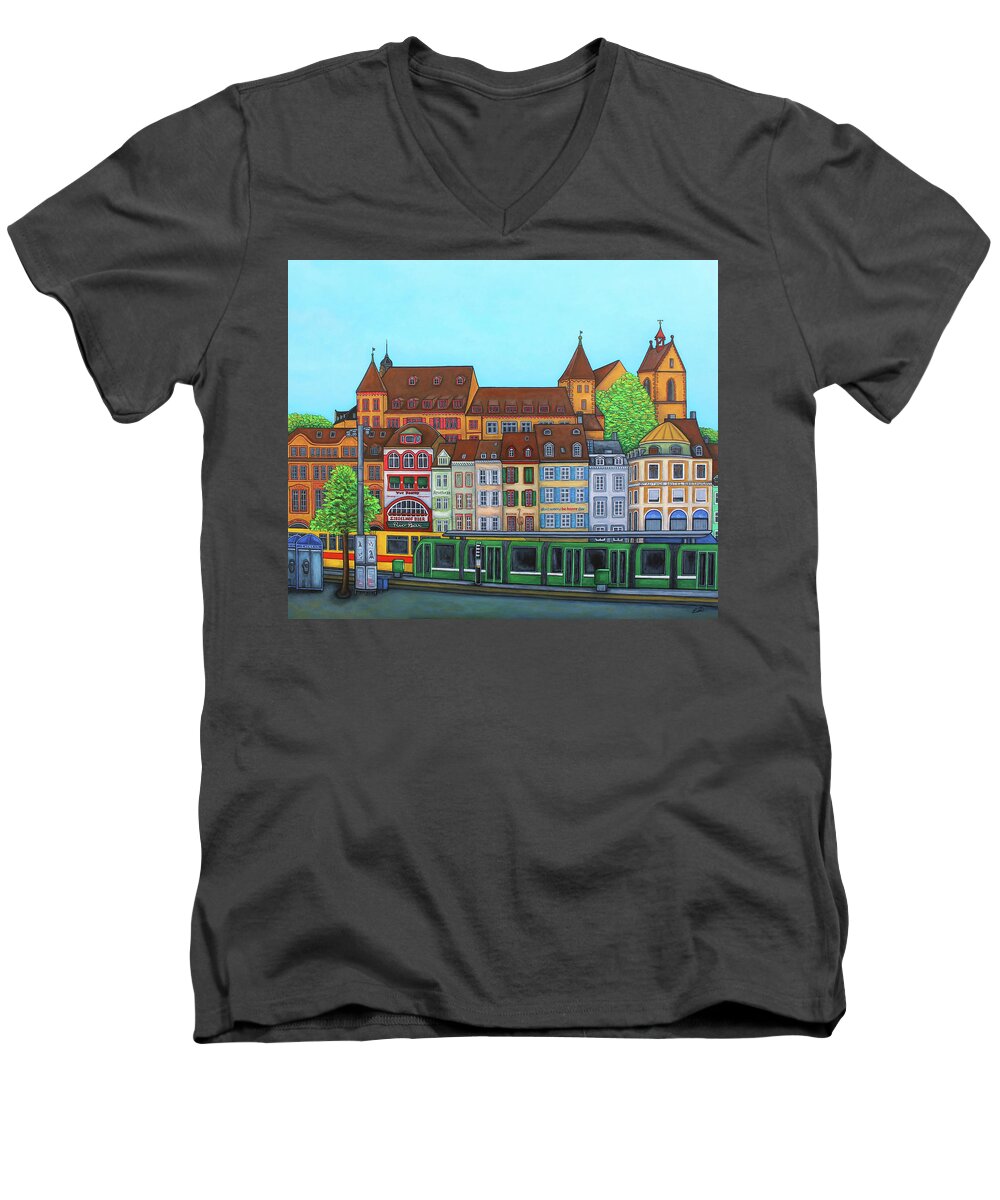 Basel Men's V-Neck T-Shirt featuring the painting Basel, Barfusserplatz Rendez-vous by Lisa Lorenz
