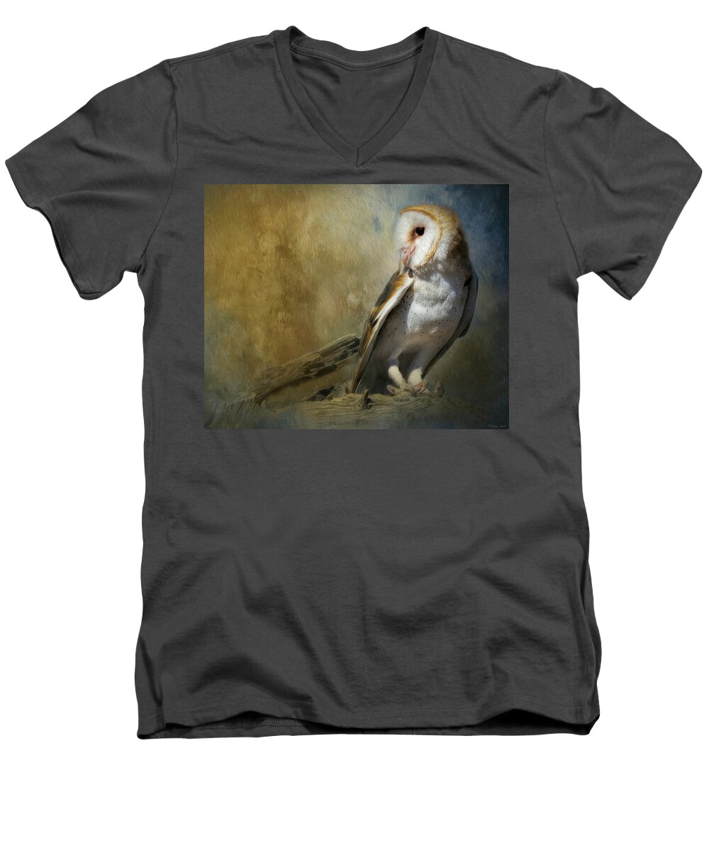 Alert Men's V-Neck T-Shirt featuring the mixed media Bashful Barn Owl by Teresa Wilson