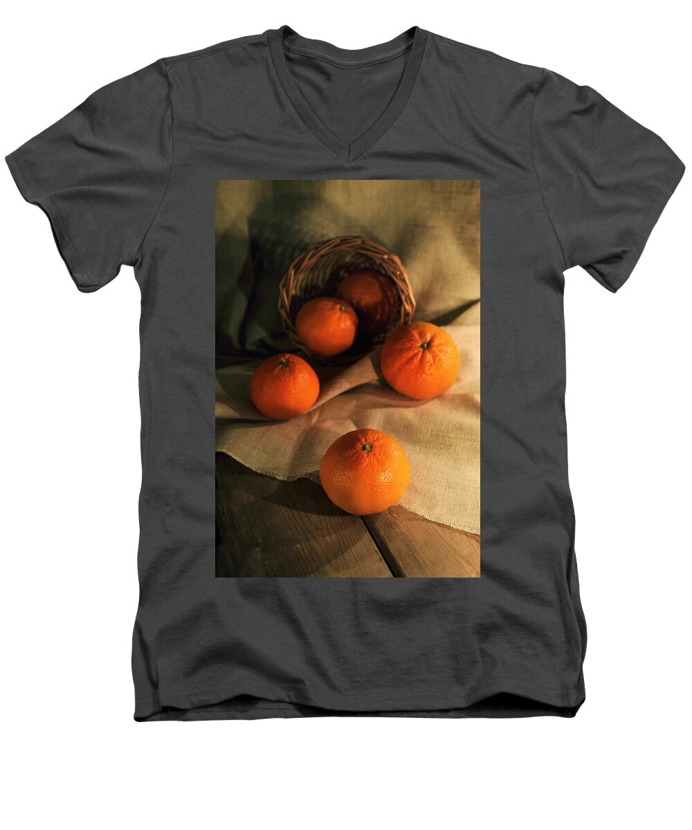 Basket Men's V-Neck T-Shirt featuring the photograph Basket of fresh tangerines by Jaroslaw Blaminsky