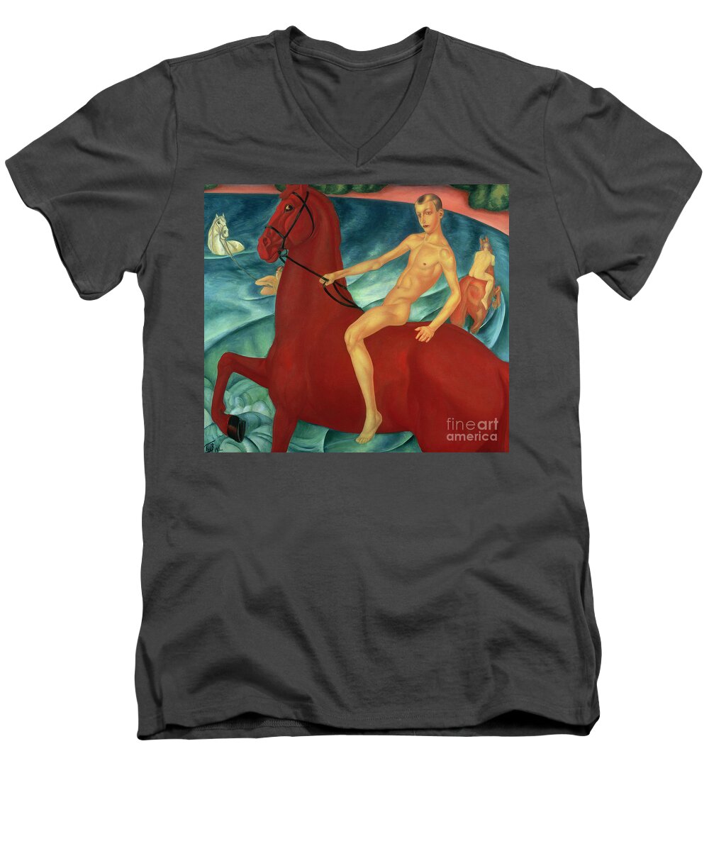 Bathing Men's V-Neck T-Shirt featuring the painting Bathing of the Red Horse by Kuzma Sergeevich Petrov-Vodkin