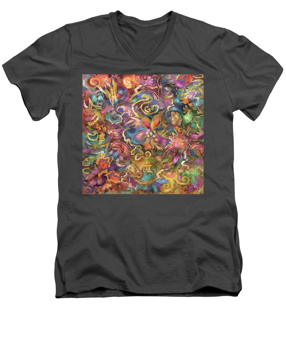 Color Burst Men's V-Neck T-Shirt featuring the digital art Pattern - Batik Colorburst by Jean Batzell Fitzgerald