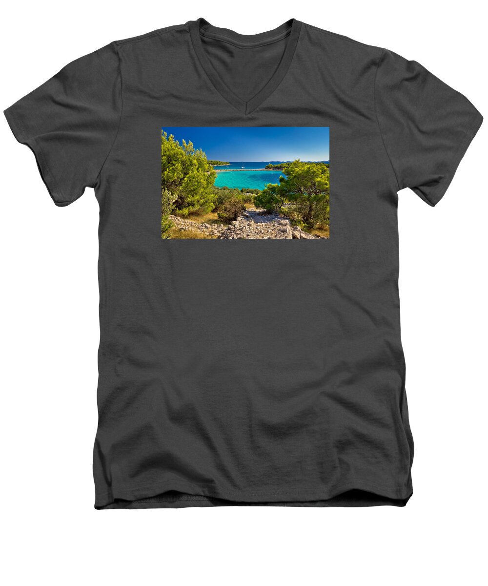 Murter Men's V-Neck T-Shirt featuring the photograph Beautiful emerald beach on Murter island by Brch Photography