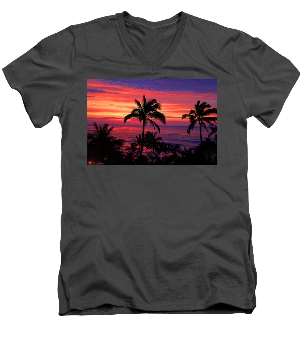Hawaiian Sunset Men's V-Neck T-Shirt featuring the photograph Beautiful Hawaiian Sunset by Michael Rucker