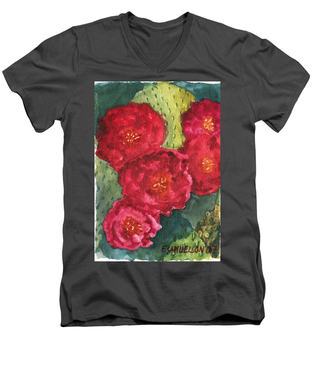Beavertail Men's V-Neck T-Shirt featuring the painting Beavertail Cactus by Eric Samuelson