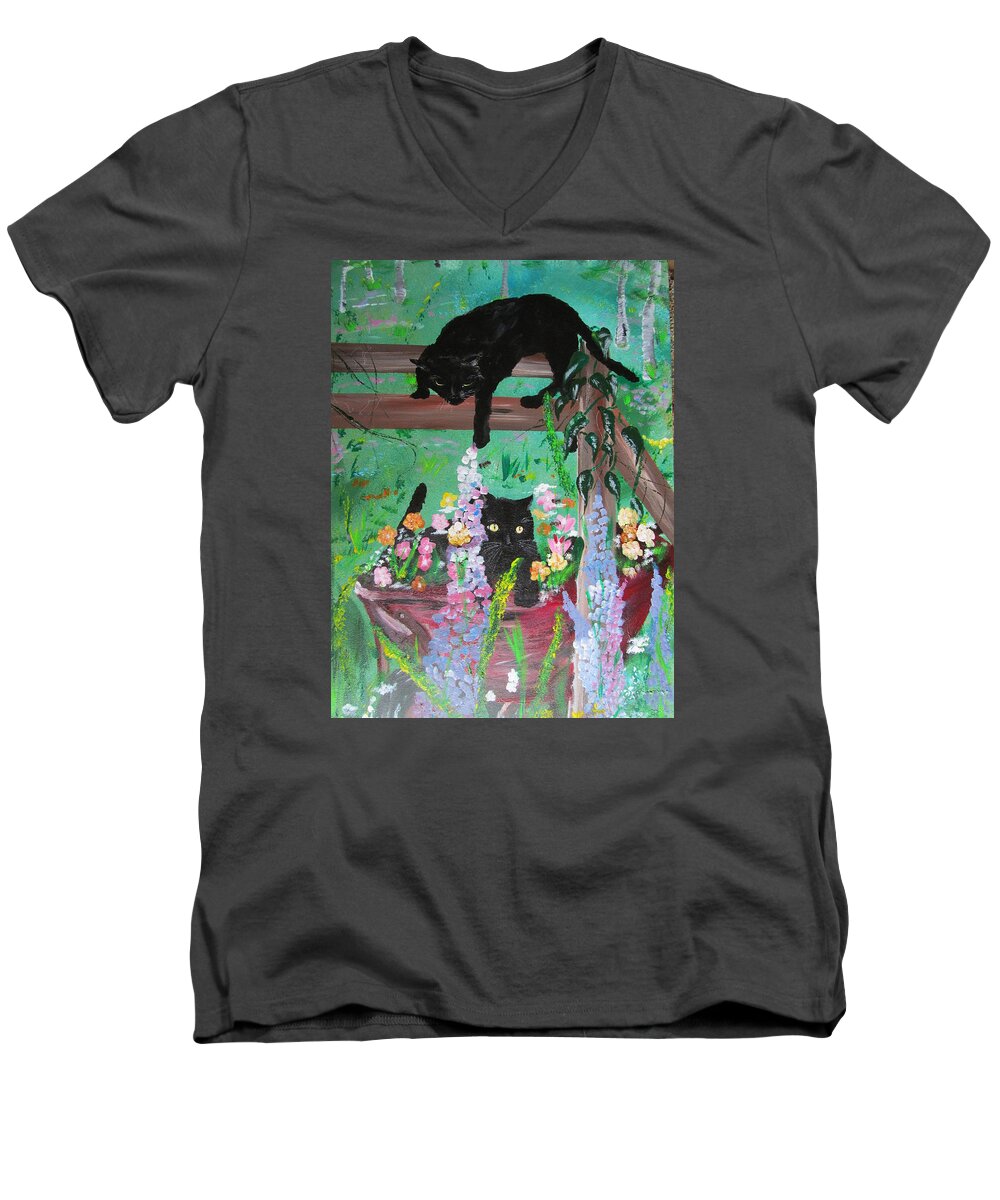 Black Cats Men's V-Neck T-Shirt featuring the painting Bella and Rufus by Susan Voidets
